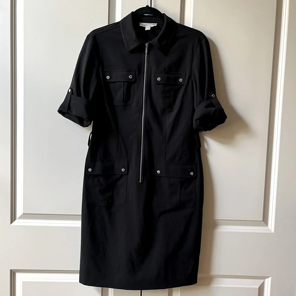 Michael Kors Half Zip Shirt Dress, Black, Size medium